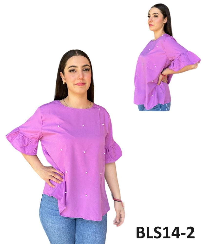Blusa Temporada Lisa con Perlas Mangas Olanes