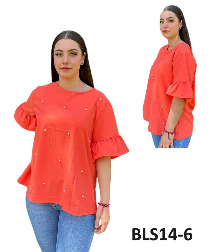 Blusa Temporada Lisa con Perlas Mangas Olanes