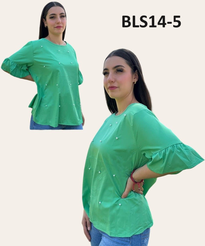 Blusa Temporada Lisa con Perlas Mangas Olanes