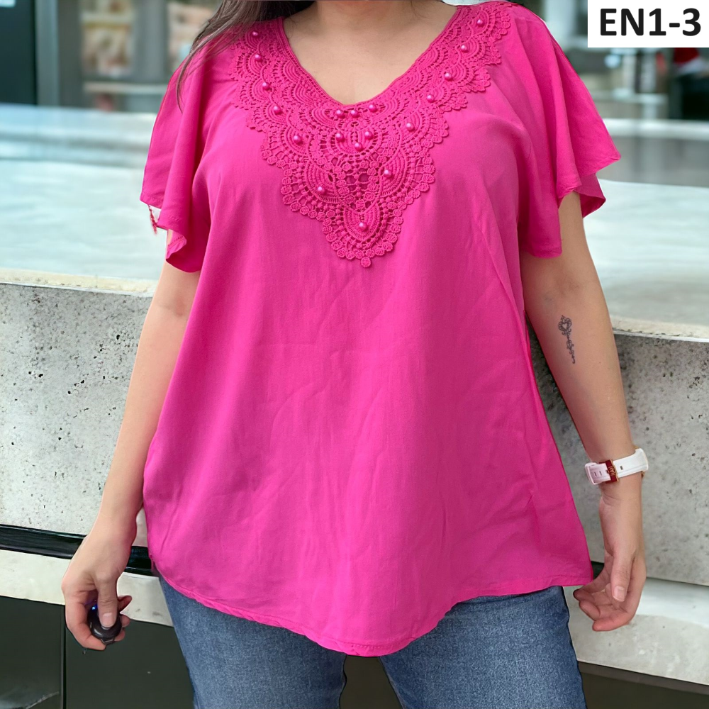 Blusa Temporada Cuello V Encaje Perlas EN1