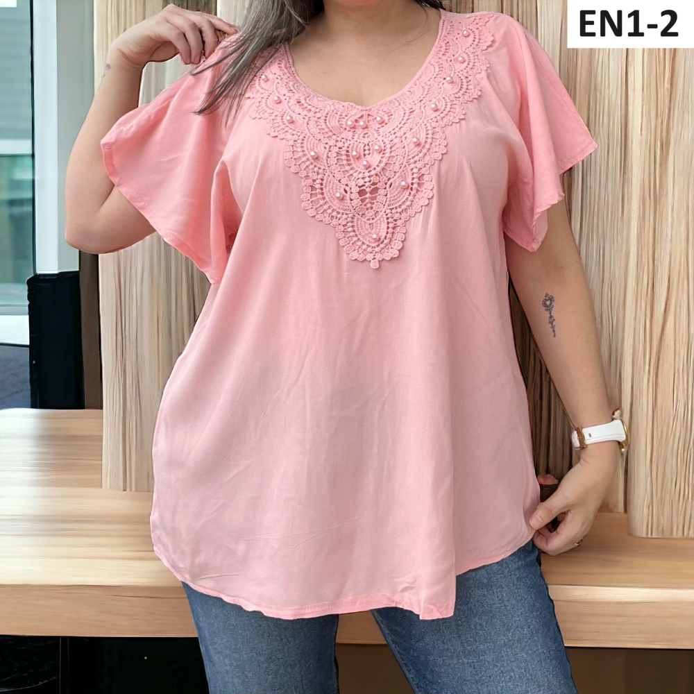 Blusa Temporada Cuello V Encaje Perlas EN1