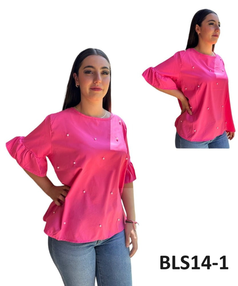 Blusa Temporada Lisa con Perlas Mangas Olanes