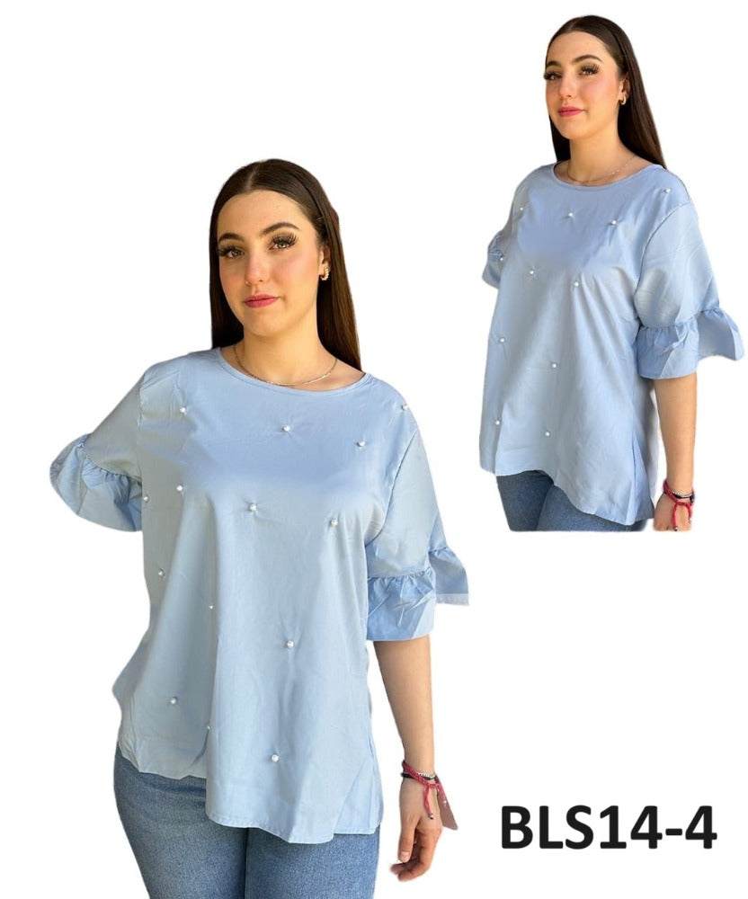 Blusa Temporada Lisa con Perlas Mangas Olanes